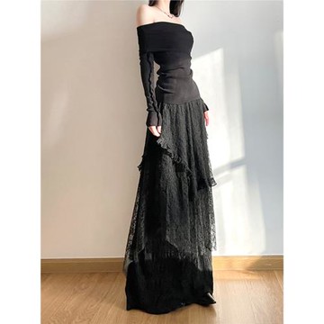 gagaopt法式氣質蕾絲網紗長裙高級感不規則半身裙高腰過膝A字裙冬