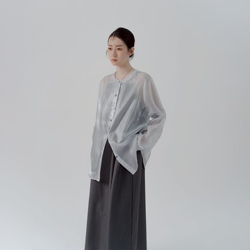 光澤感中山領透膚長袖襯衫-灰