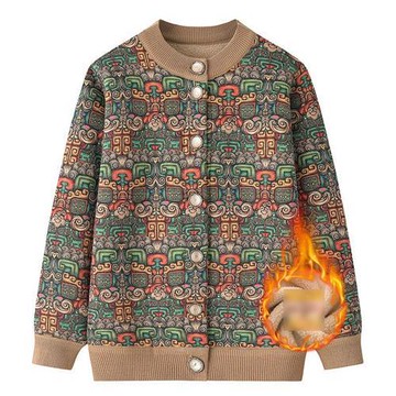 【米蘭精品】現貨+預購 高級針織衫上衣秋冬毛衣開衫寬鬆大碼休閒女裝媽媽裝-圖騰印花加絨女外套3色74mo72