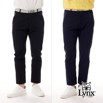 【Lynx Golf】首爾高桿風格！男款防潑水四面彈性隱形拉鍊口袋壓紋織帶剪接平口窄管休閒長褲(二色)