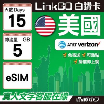 LinkGO白鑽卡  美國 eSIM卡 15天上網卡 總流量5GB  高速流量(美國網卡 舊金山 洛杉磯 紐約 西雅圖)