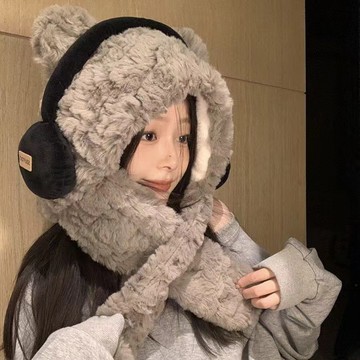 新款耳機小熊帽子 秋冬圍巾一體帽 保暖防寒連帽 圍脖加厚毛絨護耳帽 帽子女