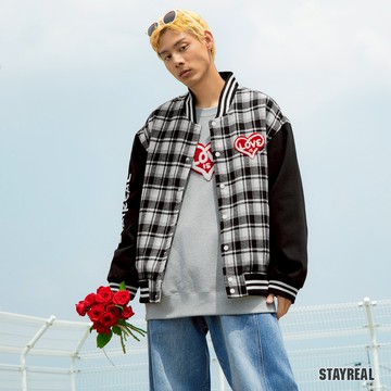 STAYREAL LOVE IS LOVE格紋棒球外套 - 黑白
