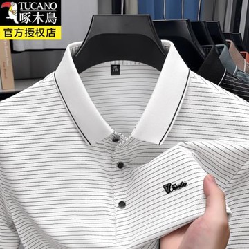 啄木鳥夏季中年男士短袖t恤翻領冰絲寬松休閑條紋體恤上衣polo衫