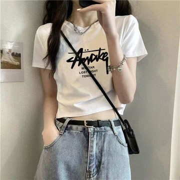【WYZ】短袖上衣女純慾風純棉短袖T恤女白色正肩夏季新款設計感修身高腰短款露臍上衣全棉