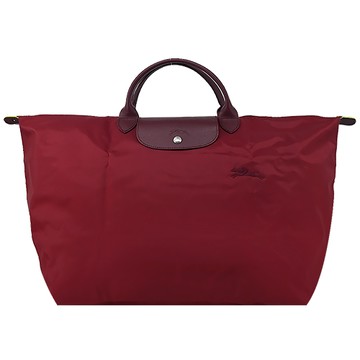 LONGCHAMP LE PLIAGE GREEN系列刺繡短把再生尼龍摺疊旅行袋(大/紅石榴)