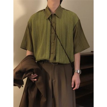 NAGAWL夏季美式復古休閑寬松拼接鏤空自制假兩件短袖襯衫上衣男女