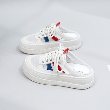 小白鞋包頭半拖鞋女夏季網面鏤空透氣運動拖鞋 增高休閒鞋