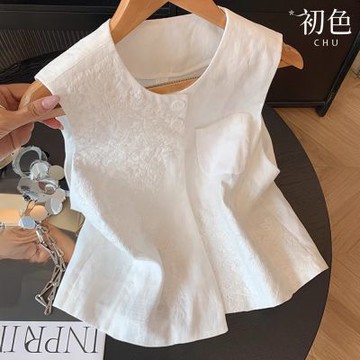 初色 文藝風新中式寬鬆重工刺繡純色單排釦圓領無袖馬甲背心女背心-白色-13610(M-2XL可選)