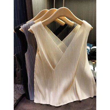 設計感v領吊帶女 夏季新款褶皺上衣小眾肌理感純色背心