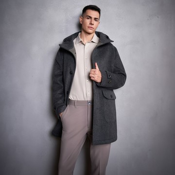 連帽式羊毛混方斜紋大衣(只可乾洗)/墨黑色(身長-34＂) | 5819516498