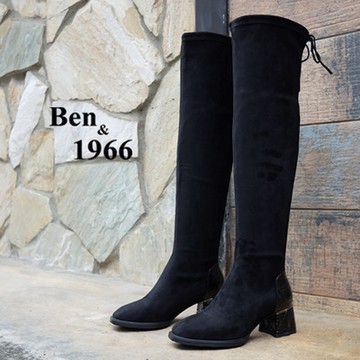 Ben&1966高級羊猄彈力絨布流行氣質過膝靴-黑(217201)