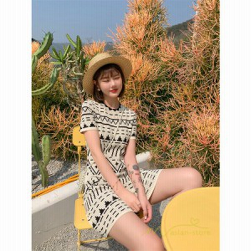ワンピース レディース ニット サマーニット 半袖 夏 ミニ丈 タイト ミニ丈ワンピース 幾何柄 クルーネック カットソー ワンピース カジ 通販 Lineポイント最大3 0 Get Lineショッピング