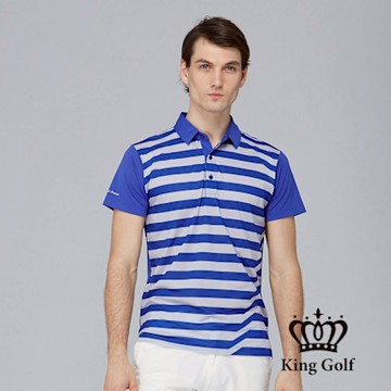 【KING GOLF】網路獨賣款-男款撞色條紋造型POLO衫/高爾夫球衫-藍