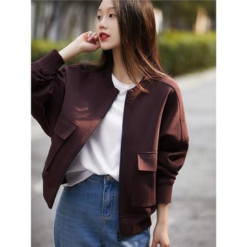 正品哥家新款2025秋新款圓領小個子寬松輕奢黑色酒紅色夾克外套女