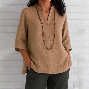 2025年新款亞馬遜獨立站夏季歐美女裝V領七分袖棉麻寬松休閑襯衣