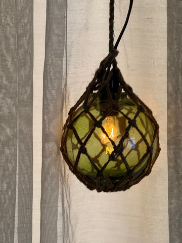 50011-迷人法國古董麻繩綠色玻璃浮標燈具