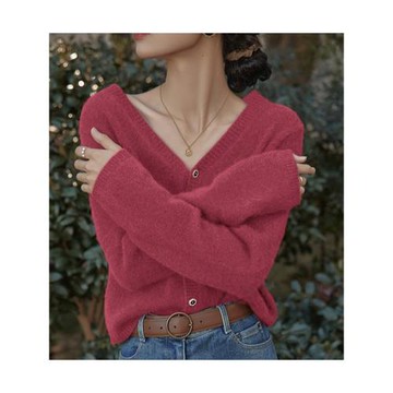樹莓粉V領針織小開衫外套春秋火龍果色毛衣法式寬松慵懶風上衣女