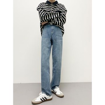 復古褲子男韓版潮流高級黑色直筒牛仔褲男厚款寬松闊腿潮牌春秋款