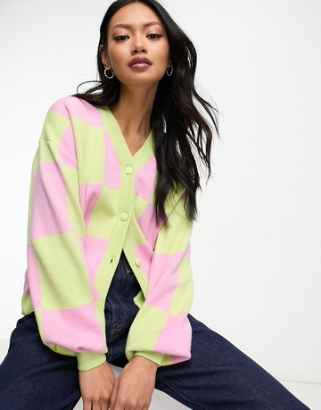 Y.A.S checkerboard button through cardigan co-ord in pink and green-Multi