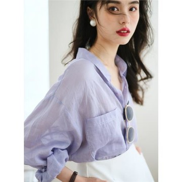 法式復古淡紫色上衣清涼亞麻面料襯衫女夏季新款防曬顯白薄款襯衣