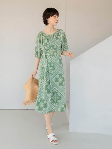 兩穿式印花側開衩不易皺長洋裝