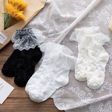 秋季花邊蕾絲襪子女ins中筒日系JK洛麗塔玫瑰堆堆襪純色少女軟妹