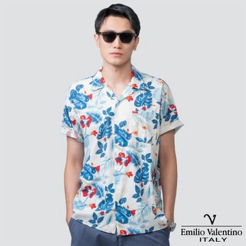 Emilio Valentino 范倫提諾古巴領短袖花襯衫-白