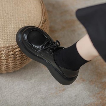 真皮厚底樂福鞋女2025春秋新款百搭學院黑色單鞋系帶英倫風小皮鞋