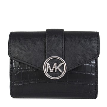MICHAEL KORS Carmen 銀字大圓標Logo素面壓紋三折式壓扣短夾(黑色)