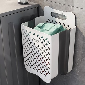 超級工廠 洗衣籃 特大號 附贈無痕貼片 可折疊壁掛式設計 節省空間 簡約風格  灰白色