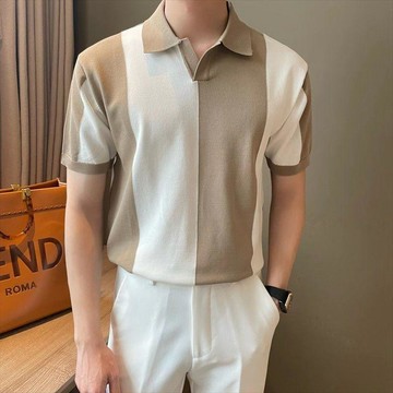 韓版夏季冰絲黑白拼色短袖男Polo衫寬鬆輕熟撞色翻領潮流透氣針織
