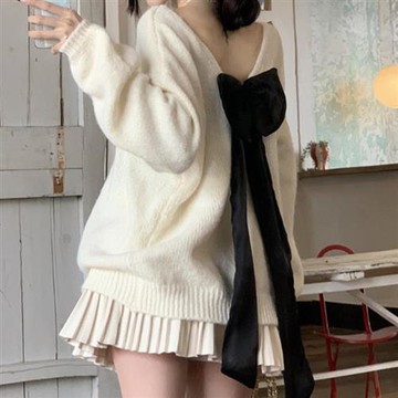 【米蘭精品】現貨+預購 法式長袖針織衫法式長袖針織衫上衣毛衣寬鬆大碼百搭女裝韓系露背蝴蝶結3色74mx9