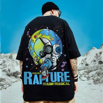 oversize歐美潮牌胖子男裝大碼國潮體恤寬松短袖T恤宇航員半袖潮