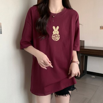 S-3XL實拍學院風福氣兔子卡通印花純棉短袖T恤 寬鬆中長版上衣 中大碼女裝-凱西娃娃
