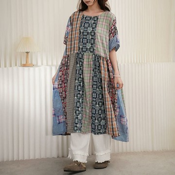 森系格紋拼接洋裝416008