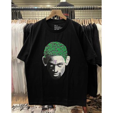 夏季新款歐美風嘻哈寬松oversize短袖T恤綠頭人像印花暗黑系上衣