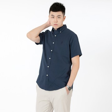 Polo Ralph Lauren 刺繡小馬泡泡棉透氣短袖襯衫Classic Fit-深藍色