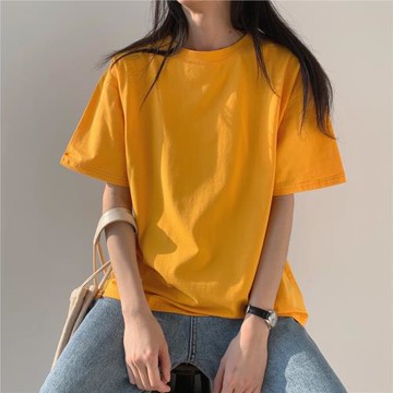 棉質黃色短袖T恤女2021夏新款學生白色打底衫寬松大碼內搭上衣潮