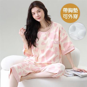 【韓國K.W.】韓國甜蜜物語有胸墊居家睡衣(睡衣/睡裙/家居服/涼感睡衣/連身睡衣)