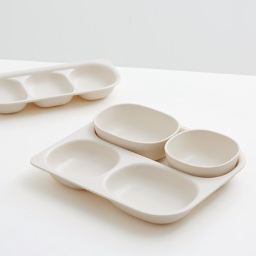 Takgaon Nemo Ecogen 3格深餐盤組  1組  象牙色 + 沙色  餐盤x1  盤子x1  飯碗x1  湯碗x1 (4件組)