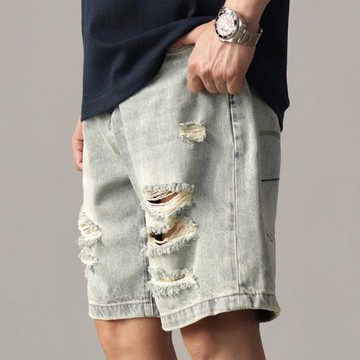 夏季男士破洞牛仔短褲五分褲寬松直筒美式復古淺色水洗休閑褲子潮