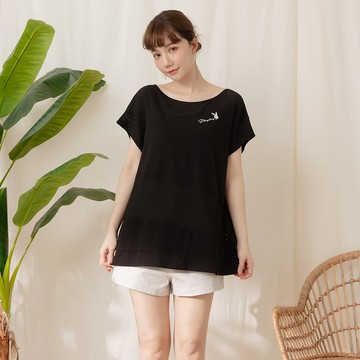 PLAYBOY - 時髦一字領異材質上衣 - 黑色/751-041-09-1