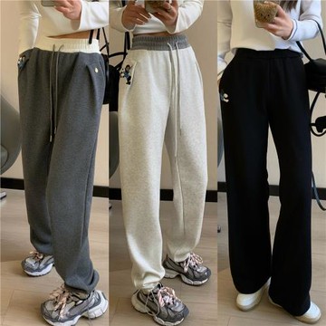 （熊族部落）小熊加絨衛褲冬季保暖百搭加絨直筒闊腿褲892
