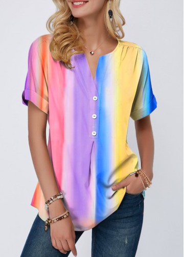 Tie Dye Print Split Neck Button Detail T Shirt