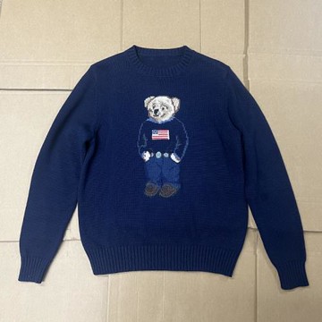 小熊毛衣男女 24亞麻棉圓領針織衫經典學院風拼布刺繡套頭衫INS