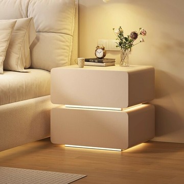 【含稅/免運】 床頭柜奶油風臥室家用實木智能收納柜輕奢高級感創意床邊柜感應燈