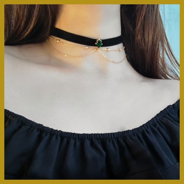 優雅小香風黑色天鵝絲絨頸帶鎖骨鏈 水晶鑽雙層項圈 chocker