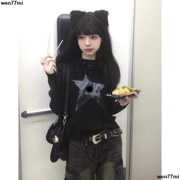 超實惠一 打底衫 內搭 長袖上衣美式復古黑色星星印花長袖針織打底衫女秋冬設計感修身顯瘦短上衣