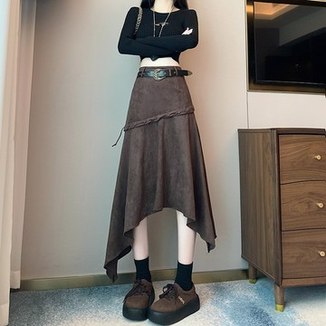 實拍半身裙女秋冬季新款美拉德不規則麂皮絨設計辣妹A字百褶裙
